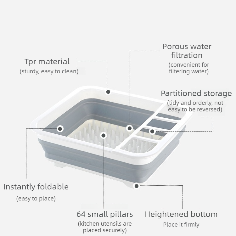 Multi Compartment Plastic Kitchen Utensil Holder, Foldable Dish Drain Basket for Bowl Plate Cup Chopsticks V1265-AU-162