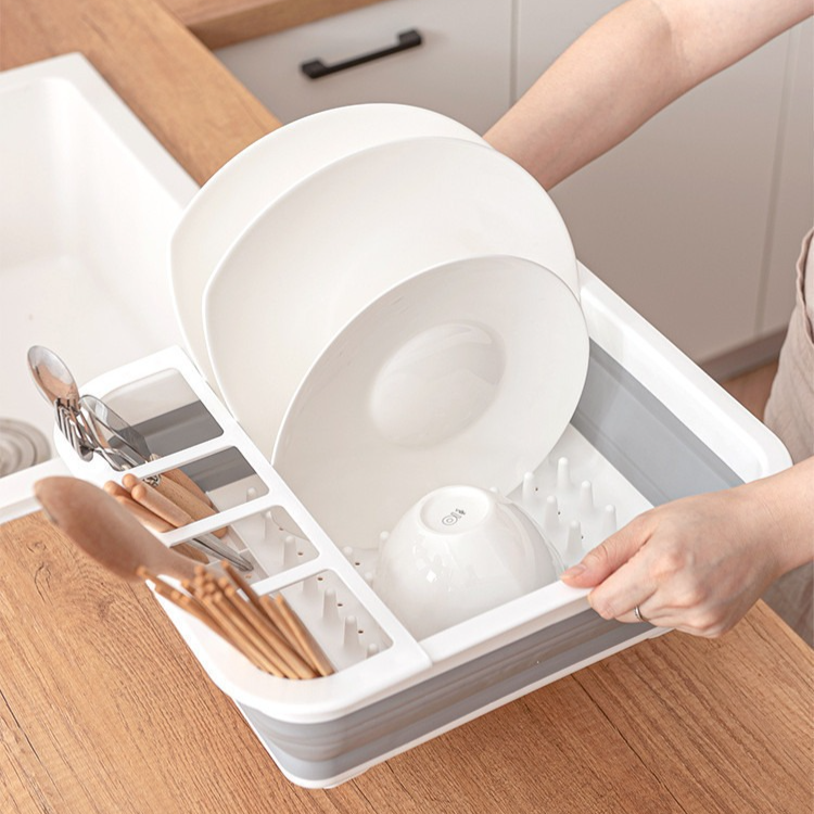 Multi Compartment Plastic Kitchen Utensil Holder, Foldable Dish Drain Basket for Bowl Plate Cup Chopsticks V1265-AU-162