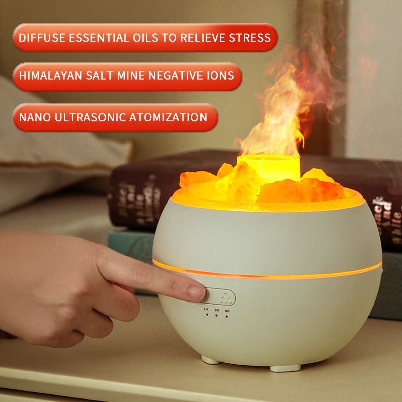 Himalayan Salt Stone Flame Aroma Diffuser, 4 in 1 Essential Oil Humidifier with Warm Night Light, Timer V1265-AU-170-BAI