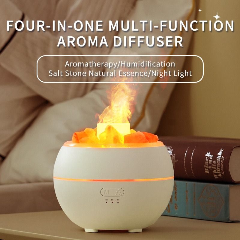 Himalayan Salt Stone Flame Aroma Diffuser, 4 in 1 Essential Oil Humidifier with Warm Night Light, Timer V1265-AU-170-BAI
