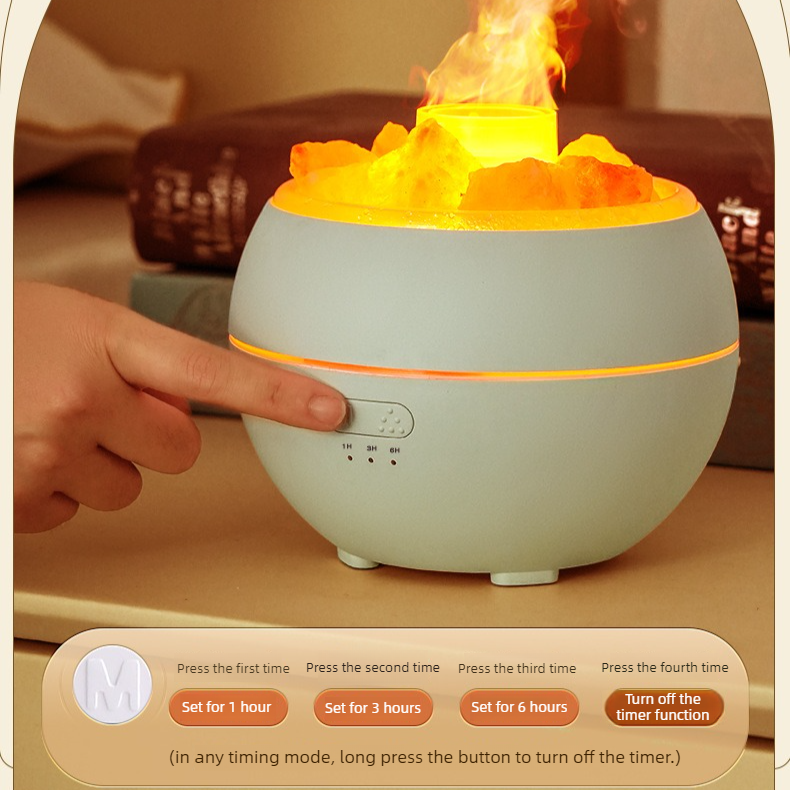Himalayan Salt Stone Flame Aroma Diffuser, 4 in 1 Essential Oil Humidifier with Warm Night Light, Timer V1265-AU-170-BAI