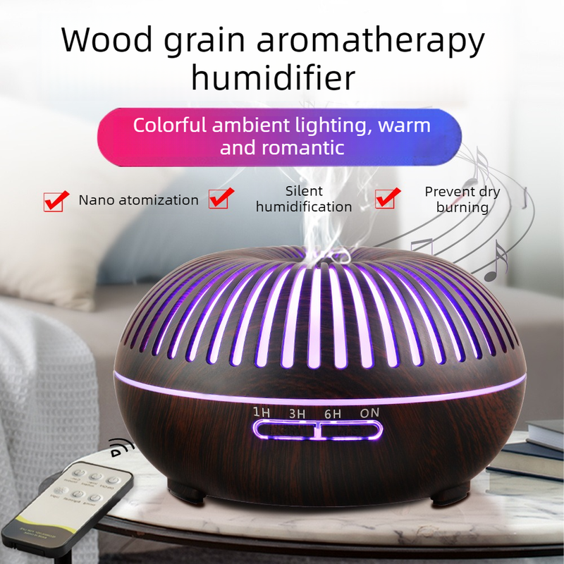 550ML Wood-Grain Aroma Diffuser and Humidifier with Bluetooth Speaker, 7-Color LED Night Light, Remote V1265-AU-177-QIANMU
