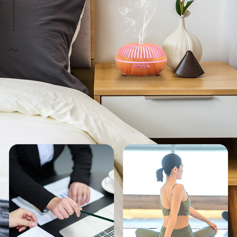 550ML Wood-Grain Aroma Diffuser and Humidifier with Bluetooth Speaker, 7-Color LED Night Light, Remote V1265-AU-177-SHENMU