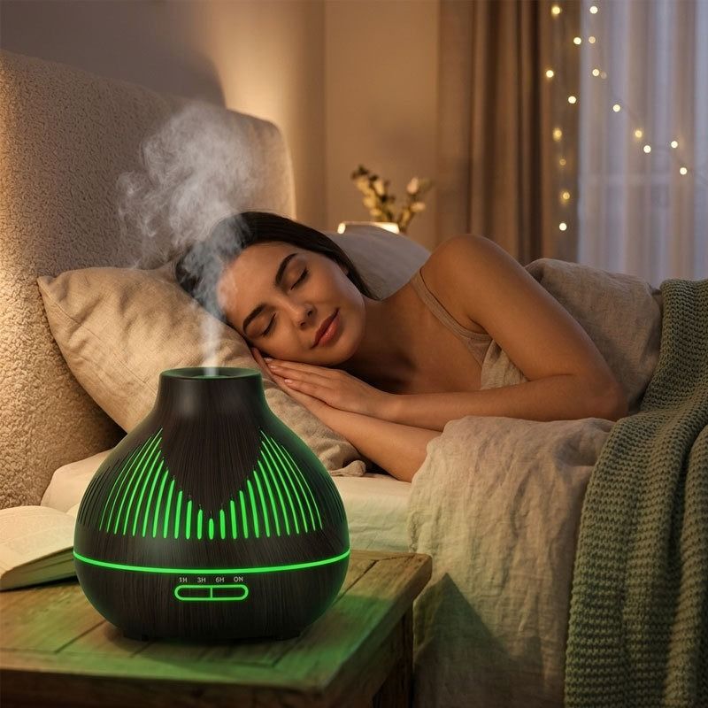 (2-Pack) 500mL Wood-Grain Ultrasonic Diffuser and Humidifier, 7-Color LED Night Light with Timer, for Home, V1265-AU-179-QIANMU-2