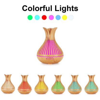 Wood Grain Flower Vase Diffuser and Humidifier, 7-Color LED Light, Timer, and Remote Control, 500 mL V1265-AU-180-QIANMU