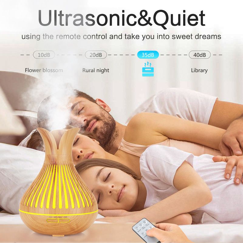Wood Grain Flower Vase Diffuser and Humidifier, 7-Color LED Light, Timer, and Remote Control, 500 mL V1265-AU-180-QIANMU