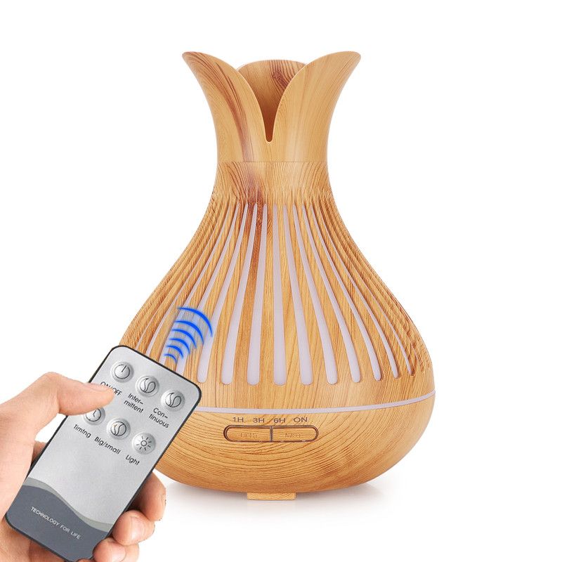 Wood Grain Flower Vase Diffuser and Humidifier, 7-Color LED Light, Timer, and Remote Control, 500 mL V1265-AU-180-QIANMU