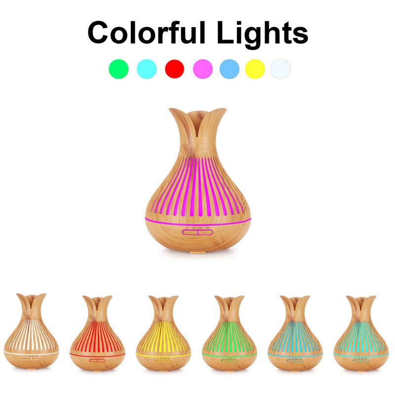Wood Grain Flower Vase Diffuser and Humidifier, 7-Color LED Light, Timer, and Remote Control, 500 mL V1265-AU-180-SHENMU