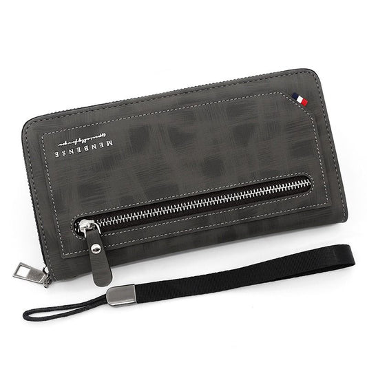 Vintage PU Leather Long Wallet for Men, Zipper-Around Phone Clutch with Detachable Wrist Strap - Black V1265-AU-182-HEI