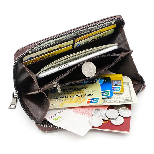 Vintage PU Leather Long Wallet for Men, Zipper-Around Phone Clutch with Detachable Wrist Strap - Black V1265-AU-182-HEI