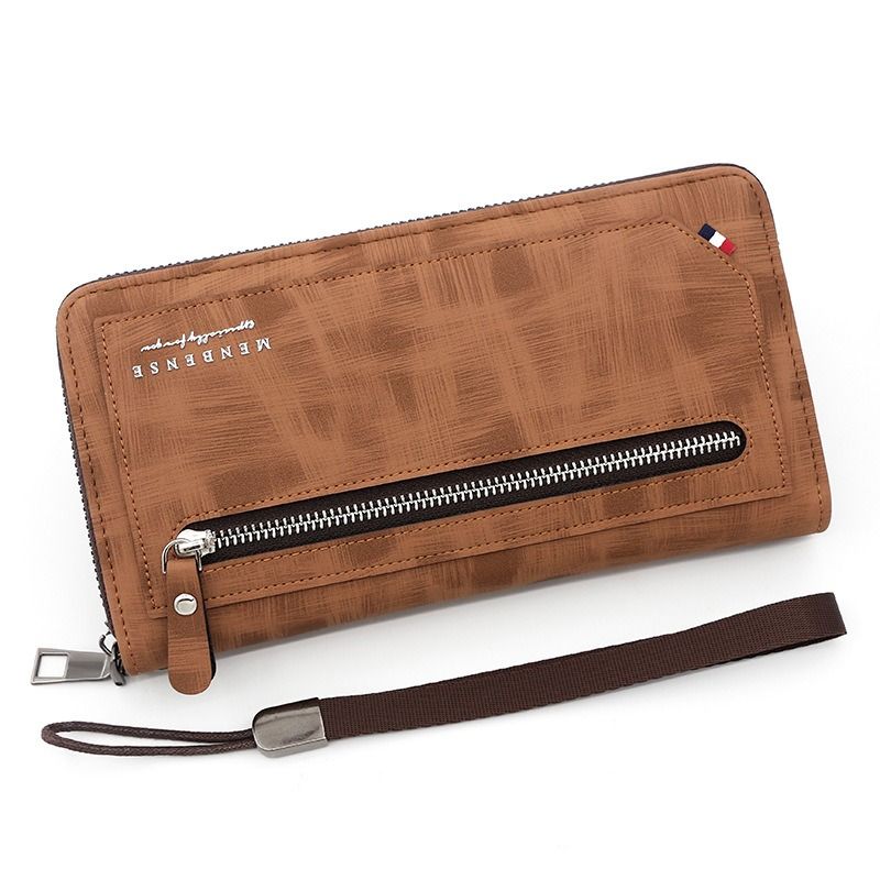 Vintage PU Leather Long Wallet for Men, Zipper-Around Phone Clutch with Detachable Wrist Strap - Light Brown V1265-AU-182-QIANZONG