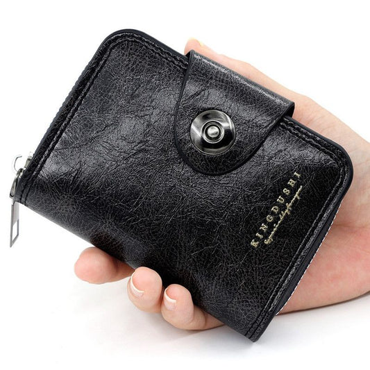 Vintage Waxed PU Leather Card Holder Wallet, Snap Button Zipper Coin Purse, Multi-Card Slot Mini Credit Card V1265-AU-185-HEI