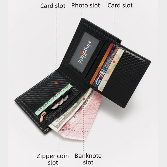 Men's Short Bifold Carbon Fiber Texture PU Wallet, Multi-Card Slot Purse with Zipper Coin Pocket & ID Photo V1265-AU-186-HEI