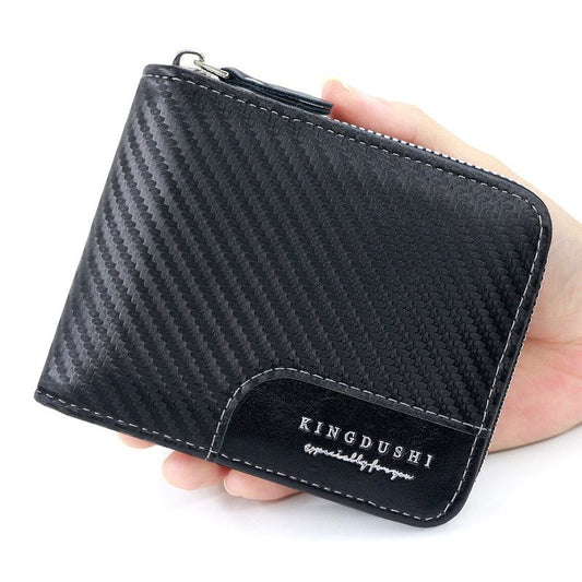 Full-Zip Carbon Fiber PU Wallet for Men, Multi-Card Slot Snap Coin Purse with ID Photo Window - Black V1265-AU-187-HEI