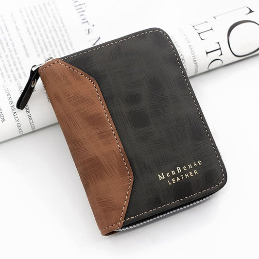Two-tone Patchwork PU Zip-Around Short Wallet for Men, Embossed Letter Multi-Card Slot Purse with Dual Coin V1265-AU-188-HEI