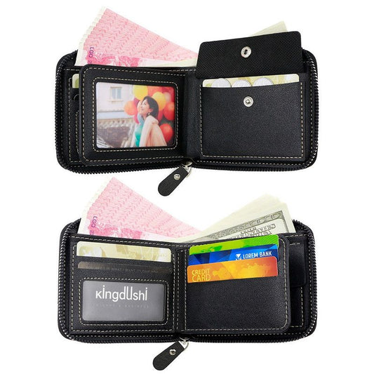 Men's Tri-fold Zip-Around Wallet, PU Leather Purse with Snap Coin Pocket & ID Photo Slot, Multi-Card Slots V1265-AU-190-HEI