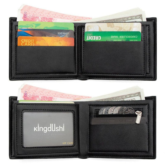 Men's Bifold Embossed PU Wallet, Multi-Card Slots, Dual-Zipper Coin Pocket with ID Window, Business Casual V1265-AU-192-HEI