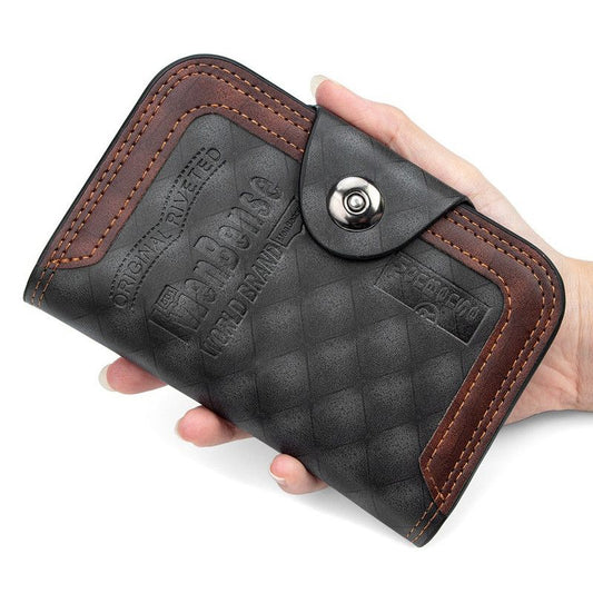 Vintage Patchwork Snap-Closure Vertical Wallet for Men, PU Leather Wallet with 13 Card Slots, Zippered Coin V1265-AU-193-HEI