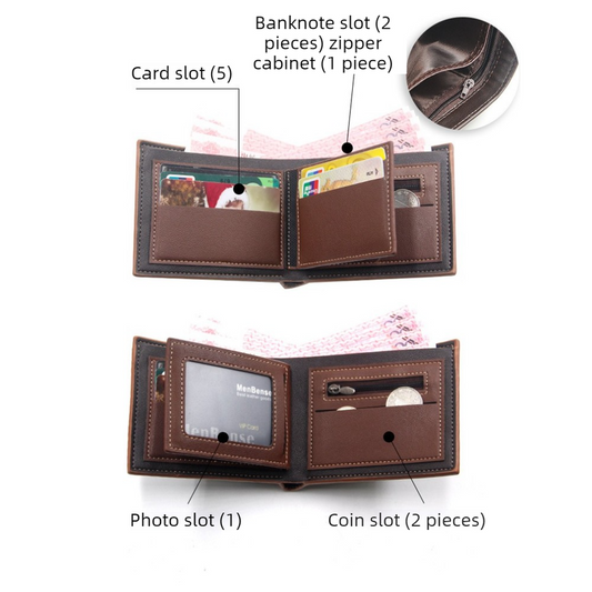 British-Style Two-Tone Bifold Wallet for Men, Matte Printed PU Leather Wallet with Zip Coin Pocket, Multiple V1265-AU-194-HEI