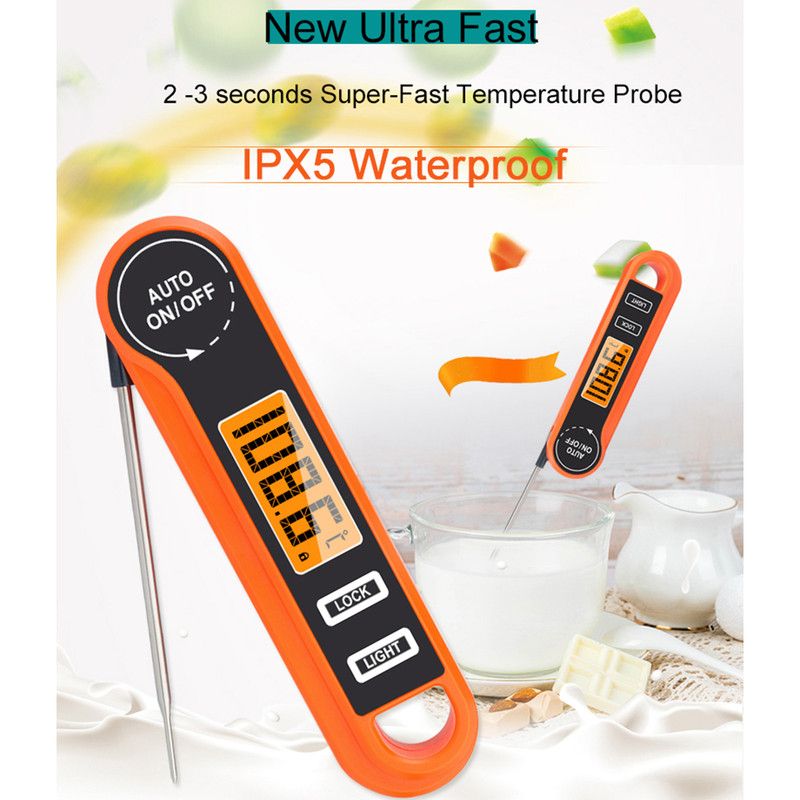 Foldable Digital Meat Thermometer, IPX5 Waterproof Fast Read with Backlight degrees C/ degrees F Switch for V1265-AU-197-CHENG