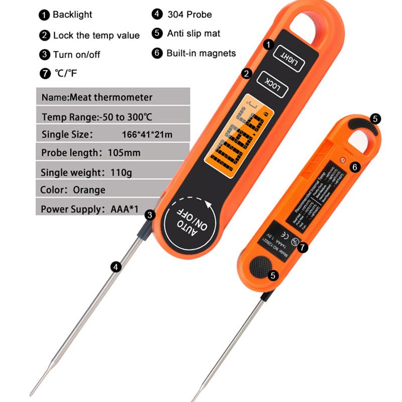 Foldable Digital Meat Thermometer, IPX5 Waterproof Fast Read with Backlight degrees C/ degrees F Switch for V1265-AU-197-CHENG