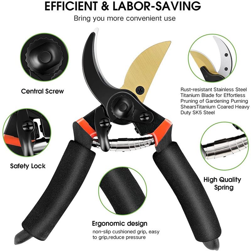 Professional Garden Pruning Shears, High Carbon Steel Blade Non-Slip Handle Labor-Saving Spring,for Fruit V1265-AU-221-HEI