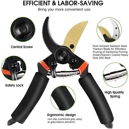 Professional Garden Pruning Shears, High Carbon Steel Blade Non-Slip Handle Labor-Saving Spring,for Fruit V1265-AU-221-HEI