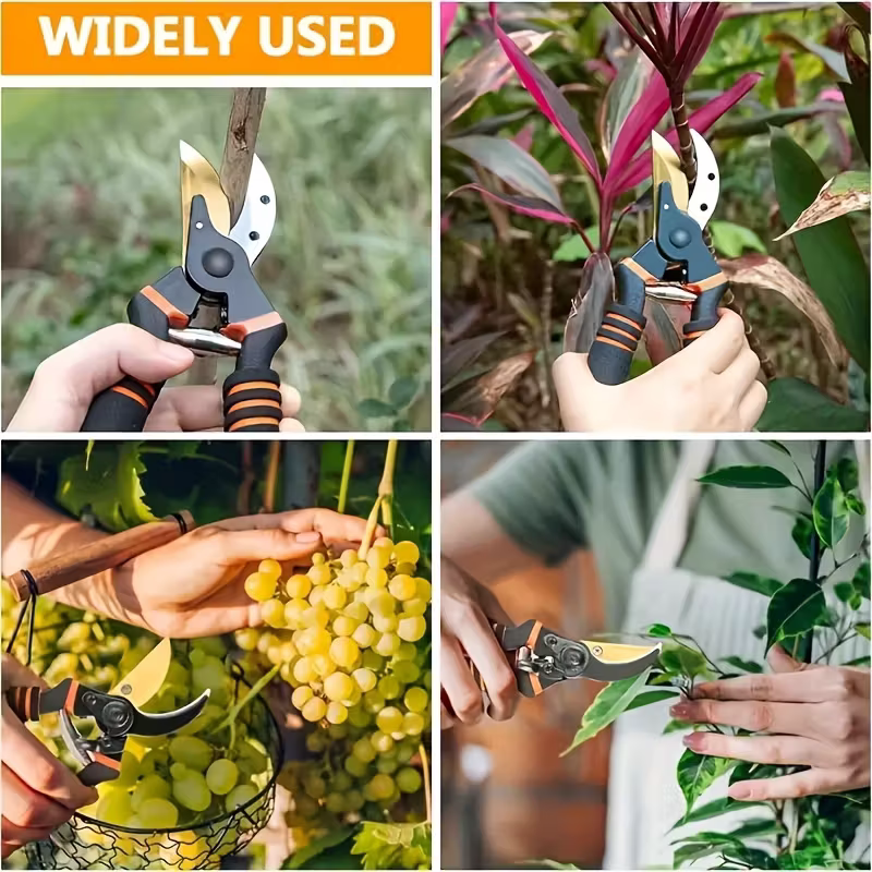 Professional Garden Pruning Shears, High Carbon Steel Gold-Plated Blade with Labor-Saving Spring & Non-Slip V1265-AU-222-HEI