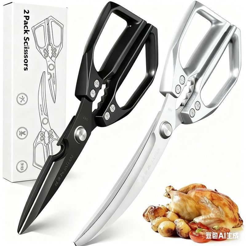 2-Pack Kitchen Scissors Set, SK5 Stainless Steel, Multi-Functional Straight & Curved Shears for Chicken V1265-AU-225-HEI-YIN