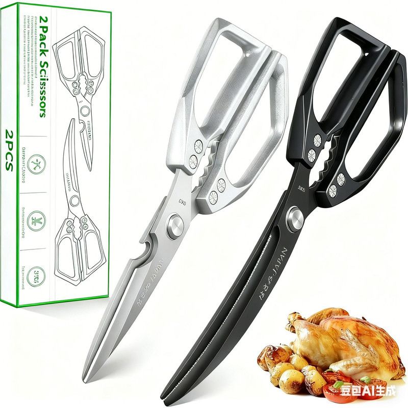 2-Pack Kitchen Scissors Set, SK5 Stainless Steel, Multi-Functional Straight & Curved Shears for Chicken V1265-AU-225-YIN-HEI
