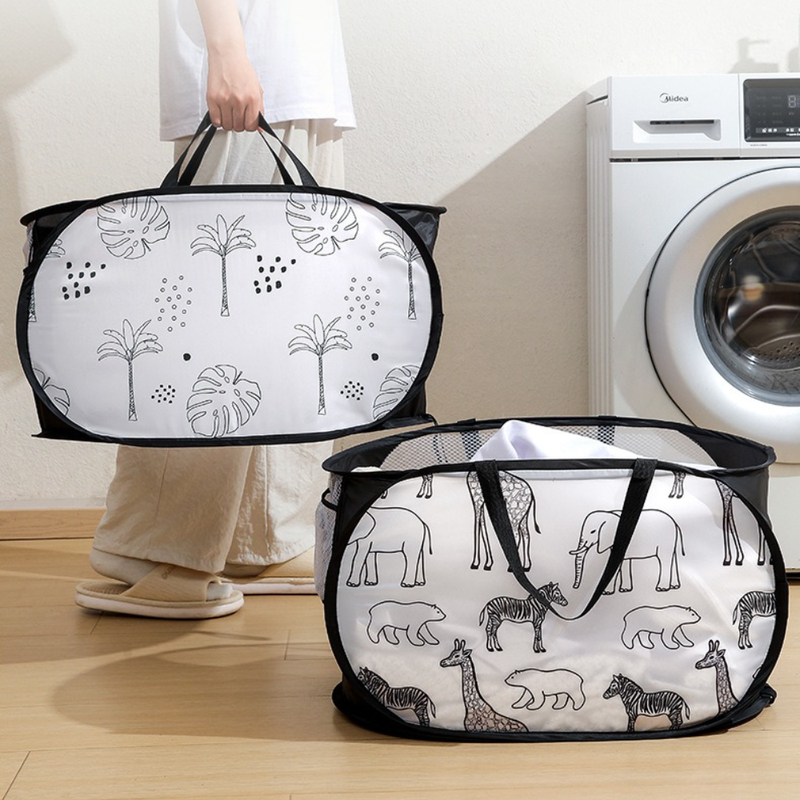 2-Pack Collapsible Laundry Basket, Large Capacity Printed Oxford Cloth Hamper with Handles for Bathroom V1265-AU-229-YE-BAI-2