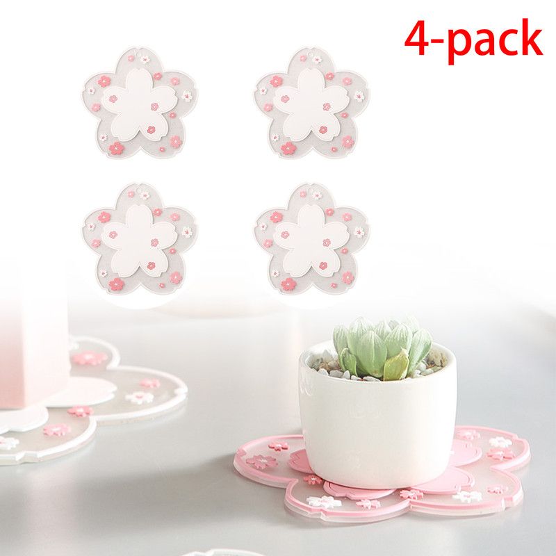 4-Pack - Sakura-Shaped PVC Heat-Resistant Coasters, Non-Slip Trivets for Bowls, Pots & Cups - White V1265-AU-233-BAI-4