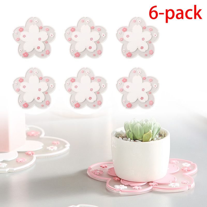 6-Pack - Sakura-Shaped PVC Heat-Resistant Coasters, Non-Slip Trivets for Bowls, Pots & Cups - White V1265-AU-233-BAI-6