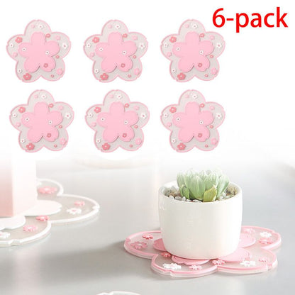 6-Pack - Sakura-Shaped PVC Heat-Resistant Coasters, Non-Slip Trivets for Bowls, Pots & Cups - Pink V1265-AU-233-FEN-6