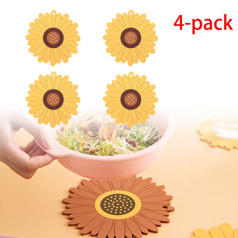 4-Pack - Sunflower-Shaped PVC Heat-Resistant Placemat, Non-Slip Trivet for Bowls, Pots & Cups - Yellow V1265-AU-234-HUANG-4