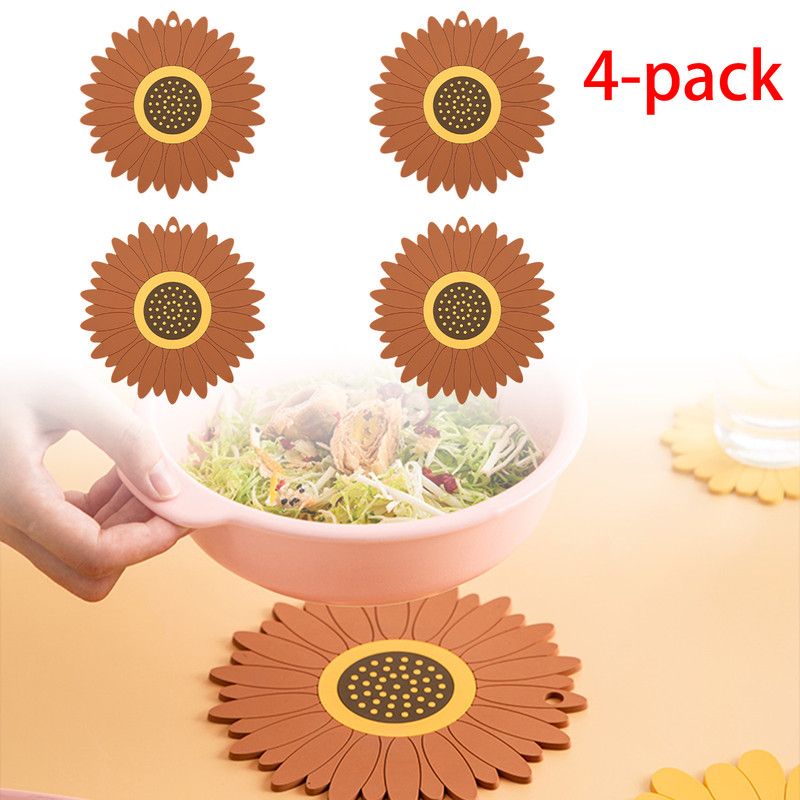 4-Pack - Sunflower-Shaped PVC Heat-Resistant Placemat, Non-Slip Trivet for Bowls, Pots & Cups - Brown V1265-AU-234-ZONG-4