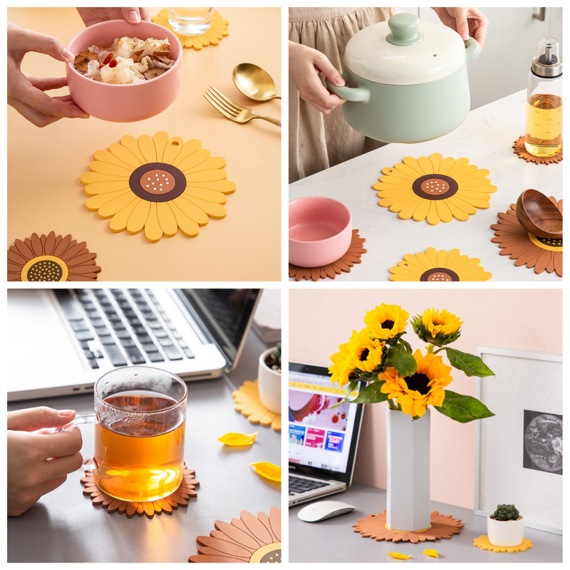 4-Pack - Sunflower-Shaped PVC Heat-Resistant Placemat, Non-Slip Trivet for Bowls, Pots & Cups - Brown V1265-AU-234-ZONG-4