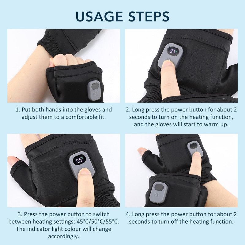 USB Rechargeable Heated Half-Finger Gloves, 3-Level Temperature Control Winter Hand Warmers (1 Pair) V1265-AU-241-HEI