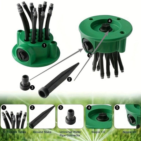 360 Degree Adjustable 12-Tube Ground Stake Sprinkler, Automatic Garden Lawn Irrigation Water Sprayer Head V1265-AU-246-LV