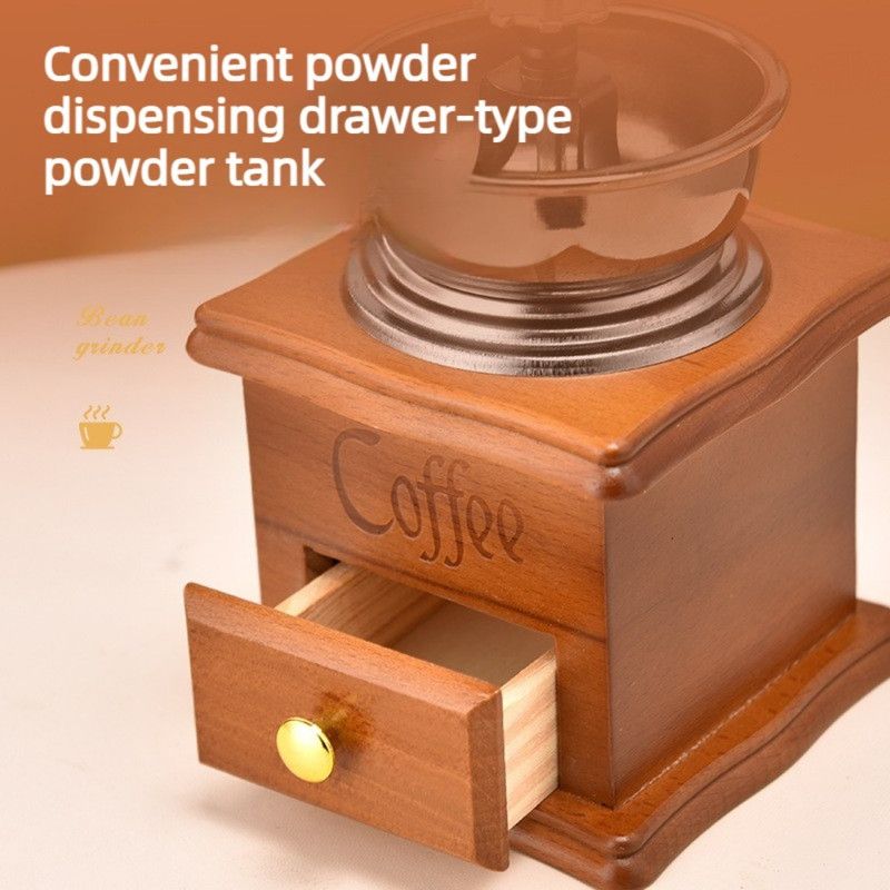 Vintage Wooden Hand Coffee Grinder, Manual Coffee Bean Mill with Ceramic Burr for Home Use-Light Brown V1265-AU-249-QIANKA