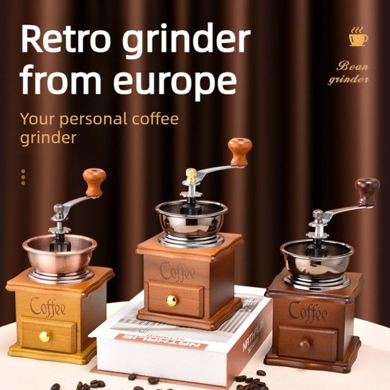 Vintage Wooden Hand Coffee Grinder, Manual Coffee Bean Mill with Ceramic Burr for Home Use-Light Brown V1265-AU-249-QIANKA