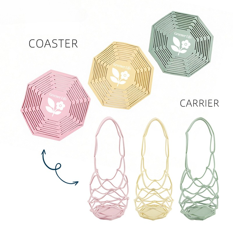 2-in-1 Transformable Silicone Coaster Carrier, Foldable Reusable Wine, Milk Tea, and Beverage Carry Bag & V1265-AU-254-FEN