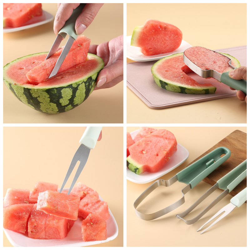 3-in-1 Stainless Steel Watermelon Cutter Set, Multi-Function Melon Slicer, Scoop, and Fork Kitchen Tool-Green V1265-AU-262-LV