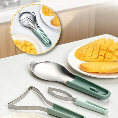 Stainless Steel Mango Cutter 3-Piece Set, Multi-Function Mango Core Remover & Dicer Kitchen Tool-Green V1265-AU-263-LV