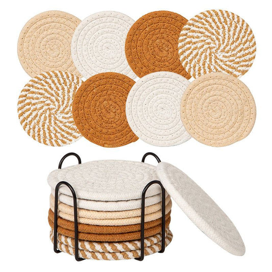 INS Style Round Cotton Woven Heat-Resistant Coasters, 8-Piece Set of Thick Table Pot Mats with Free Iron V1265-AU-264-BAIZONG