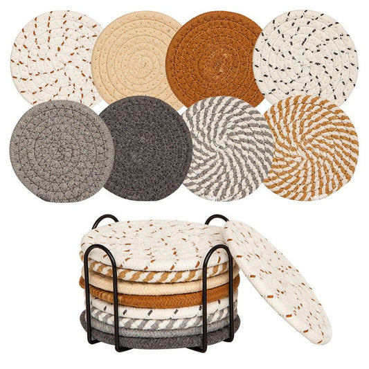 INS Style Round Cotton Woven Heat-Resistant Coasters, 8-Piece Set of Thick Table Pot Mats with Free Iron V1265-AU-264-CAI