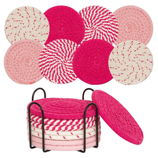 INS Style Round Cotton Woven Heat-Resistant Coasters, 8-Piece Set of Thick Table and Pot Mats with Free Iron V1265-AU-264-FEN