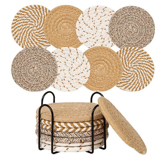 INS Style Round Cotton Woven Heat-Resistant Coasters, 8-Piece Set of Thick Table Pot Mats with Free Iron V1265-AU-264-HUIZONG