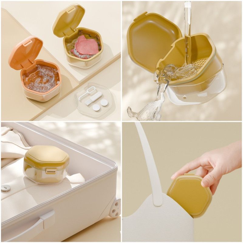 3-Layer Drainable Retainer Storage Case, Portable Invisible Braces & Denture Soaking Cleaning Box - Green