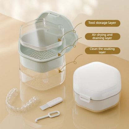 3-Layer Drainable Retainer Storage Case, Portable Invisible Braces & Denture Soaking Cleaning Box - White